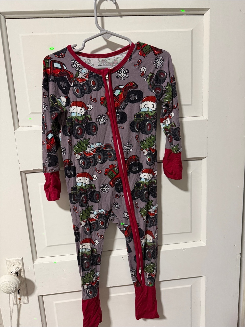 Bamboo Monster Truck  Holiday Zippy with fold over hands and feet.